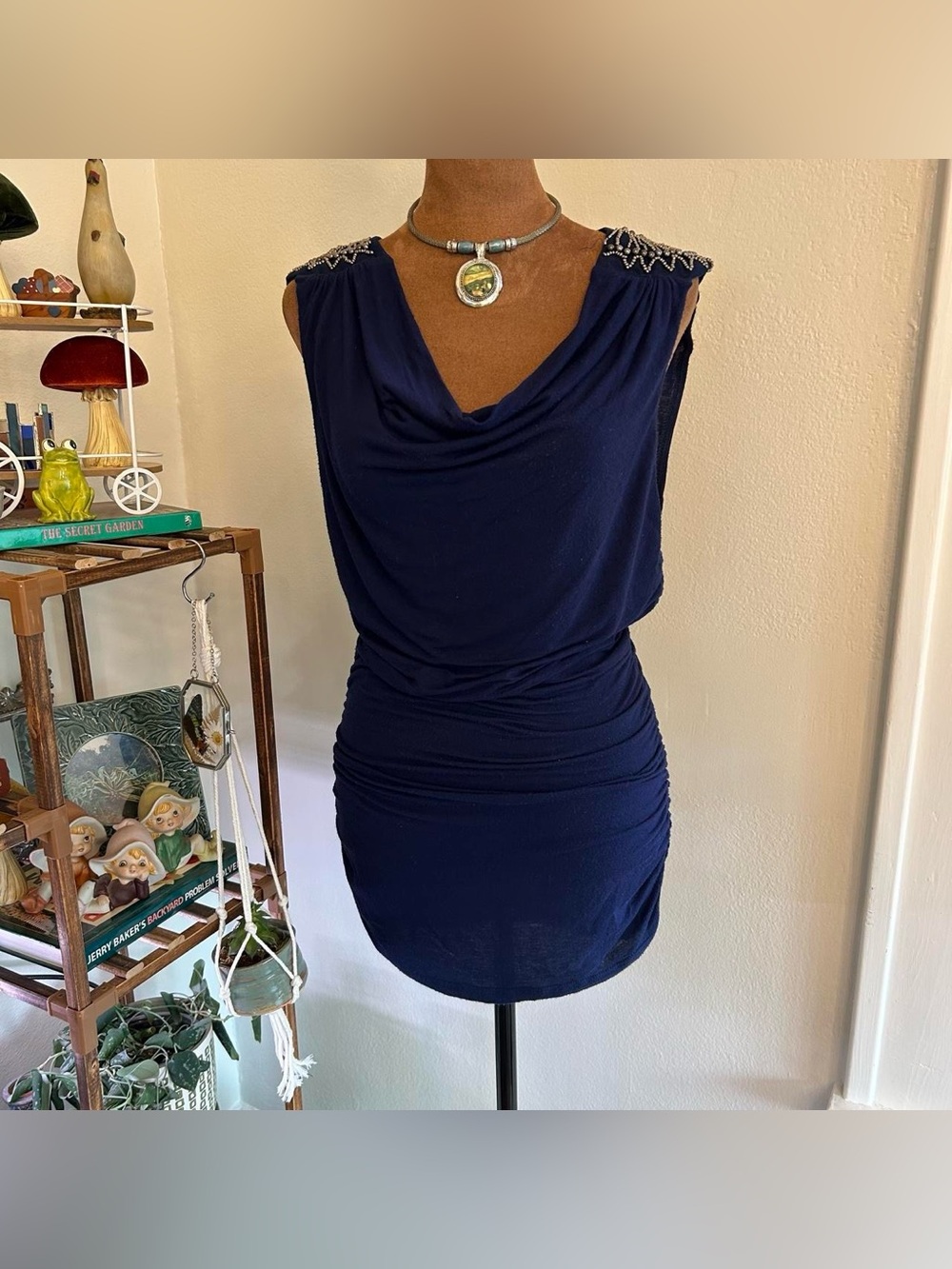 Navy Cowl Neck Beaded Shoulder Sleeveless Micro Dress Long Tank Top by Wet Seal